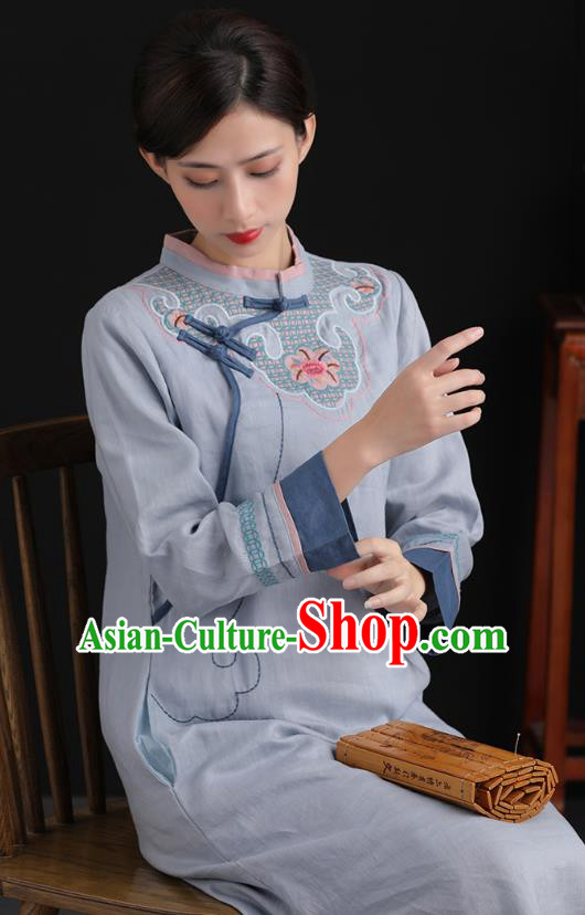 Top China Embroidered Blue Flax Cheongsam Clothing Traditional Women Classical Dress Tang Suit National Qipao