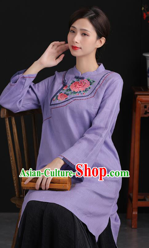 Top China Traditional Women Classical Dress Tang Suit National Qipao Embroidered Purple Flax Cheongsam Clothing