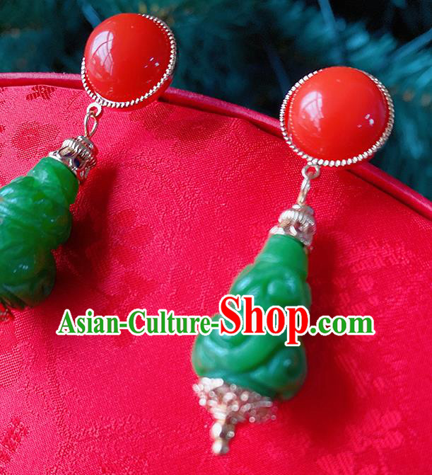 China Classical Carving Gourd Ear Accessories Women Jewelry Handmade Traditional Hanfu Green Earrings