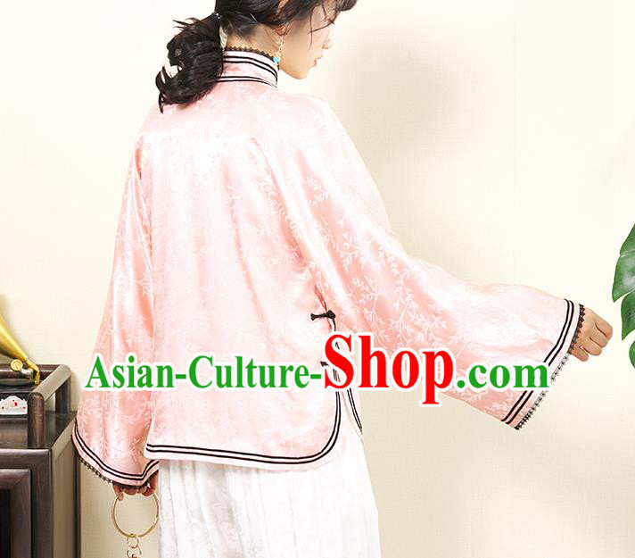 Chinese Traditional Pink Silk Cheongsam Blouse Tang Suit Upper Outer Garment Classical Wide Sleeve Shirt