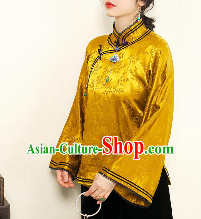 Chinese Traditional Tang Suit Upper Outer Garment Classical Wide Sleeve Shirt Golden Silk Cheongsam Blouse