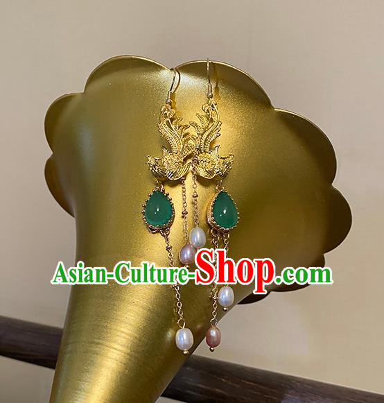China Classical Golden Phoenix Ear Accessories Women Jewelry Handmade Traditional Hanfu Earrings