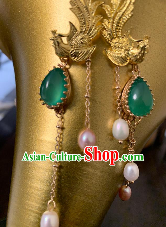 China Classical Golden Phoenix Ear Accessories Women Jewelry Handmade Traditional Hanfu Earrings