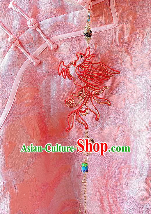 China Traditional Red Silk Phoenix Brooch Classical Tassel Pendant Cheongsam Accessories