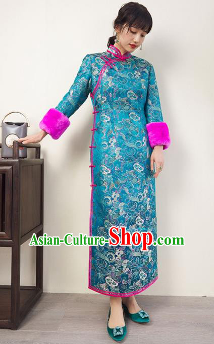 China Traditional Classical Winter Cheongsam Women Clothing Blue Brocade Qipao Dress