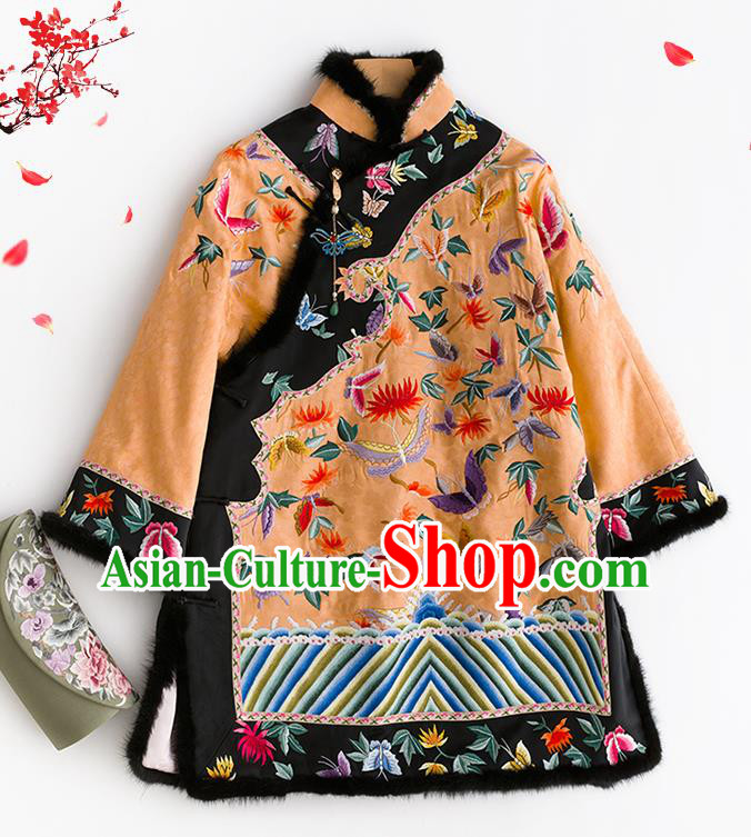 Chinese Traditional Orange Silk Cotton Padded Coat Embroidered Costume Classical Tang Suit Outer Garment Jacket