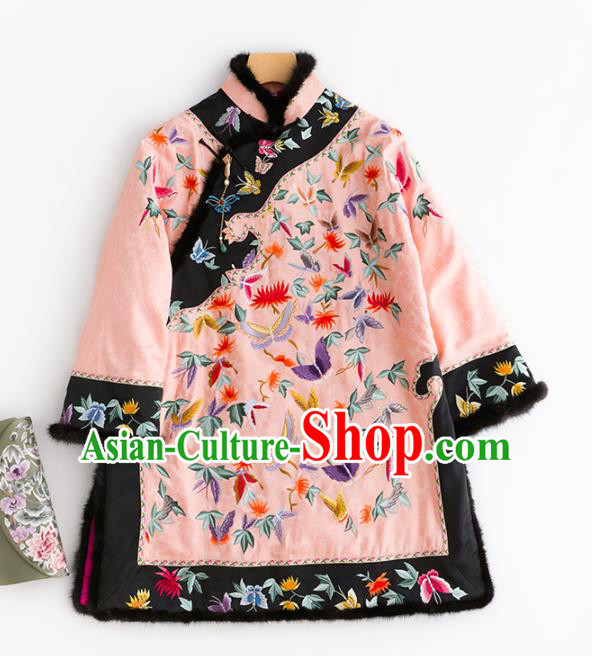 Chinese Classical Tang Suit Outer Garment Coat Traditional Pink Silk Cotton Padded Jacket Embroidered Costume