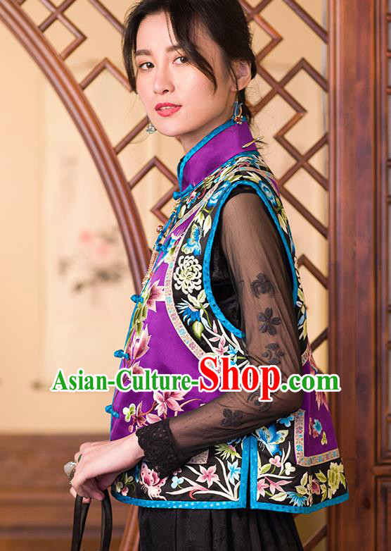 Chinese Classical Tang Suit Vest Upper Outer Garment Traditional Purple Silk Embroidered Waistcoat Costume