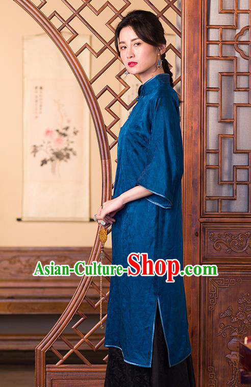 China Classical Cheongsam Traditional Women Clothing Deep Blue Silk Qipao Dress