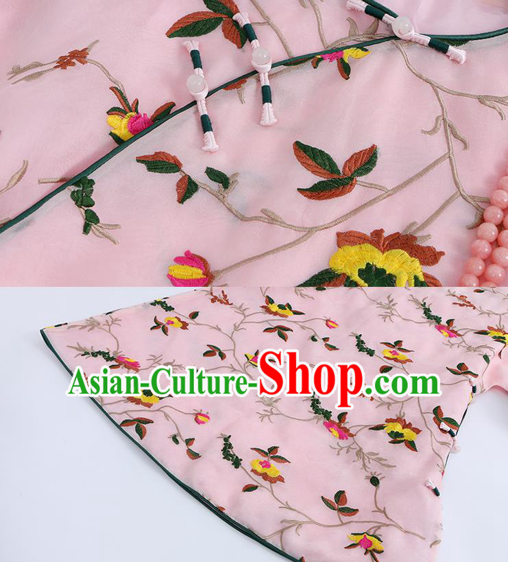 Traditional Chinese Tang Suit Upper Outer Garment Costume Classical Blouse Embroidered Pink Shirt