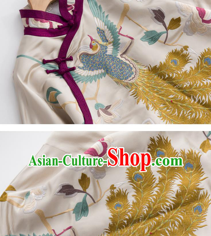 Traditional Costume Chinese Classical Blouse Tang Suit Upper Outer Garment Embroidered Phoenix White Silk Shirt