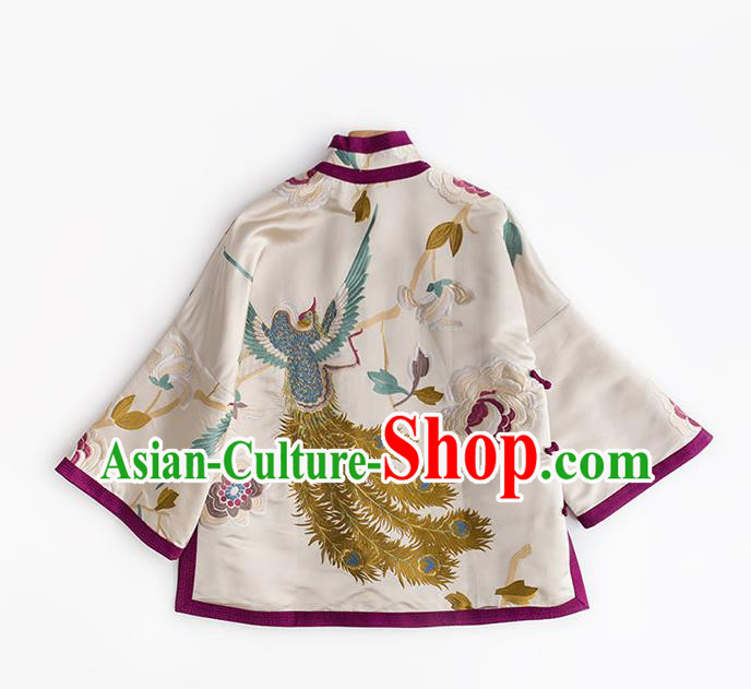 Traditional Costume Chinese Classical Blouse Tang Suit Upper Outer Garment Embroidered Phoenix White Silk Shirt