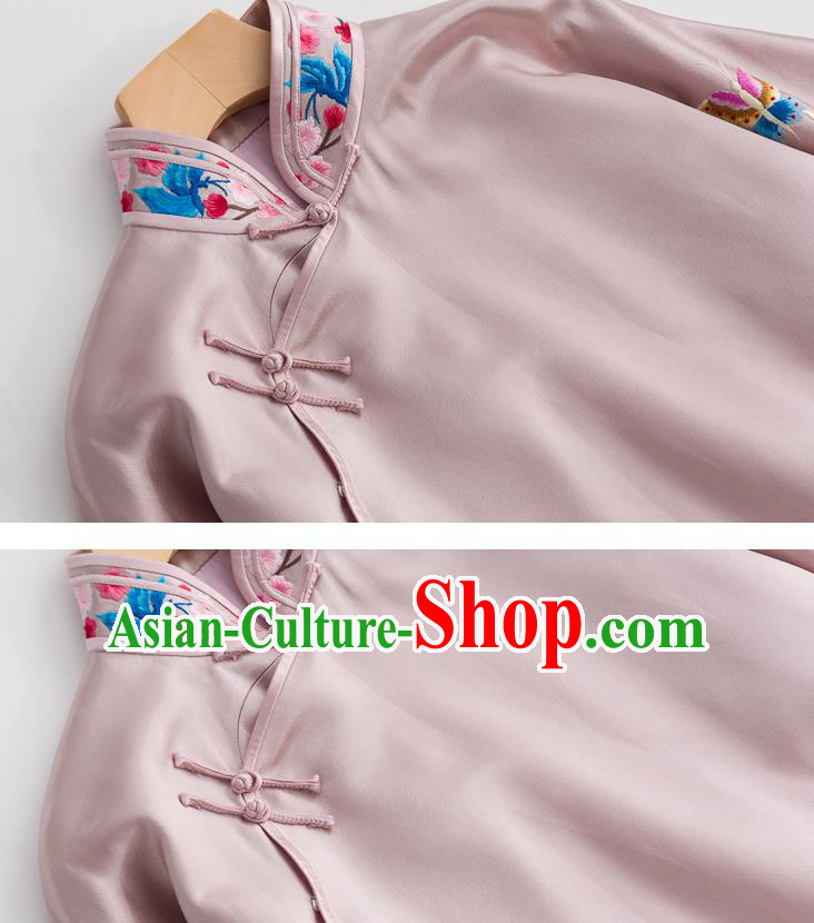 Chinese Classical Pink Silk Blouse Tang Suit Upper Outer Garment Embroidered Shirt Traditional Costume