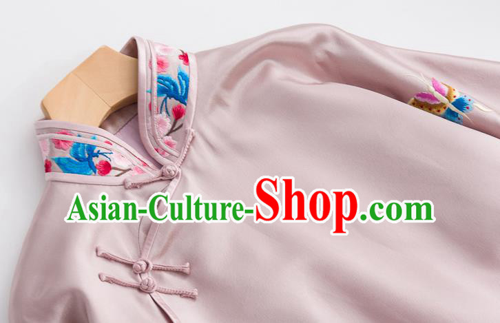Chinese Classical Pink Silk Blouse Tang Suit Upper Outer Garment Embroidered Shirt Traditional Costume