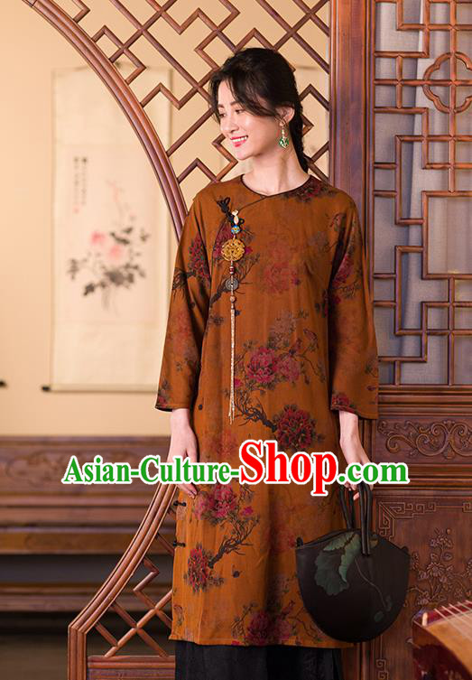 China Traditional Classical Peony Pattern Cheongsam Women Clothing Ginger Silk Qipao Dress