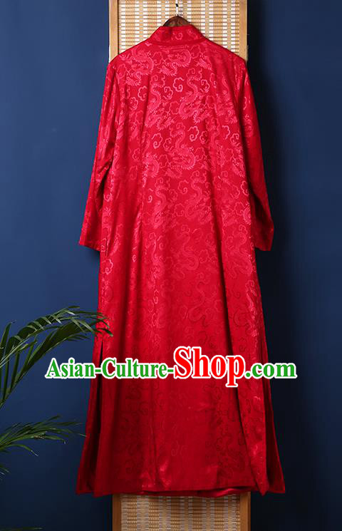 Chinese Embroidered Red Brocade Dust Coat Traditional National Costume Tang Suit Outer Garment