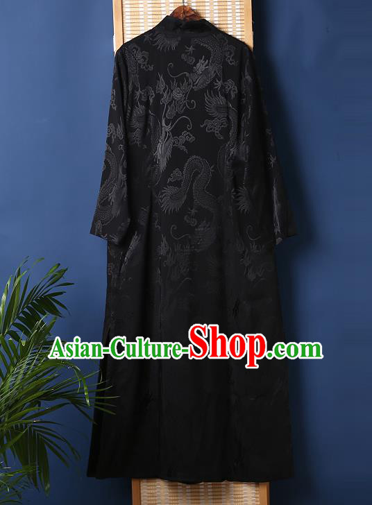 Chinese Traditional National Costume Tang Suit Outer Garment Embroidered Lotus Black Brocade Dust Coat