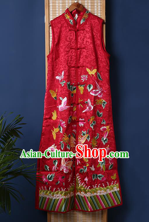 Chinese National Long Dress Traditional Costume Tang Suit Embroidered Butterfly Flowers Red Brocade Vest