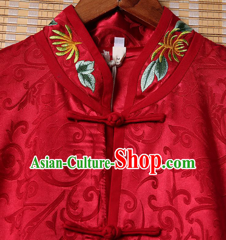 Chinese National Long Dress Traditional Costume Tang Suit Embroidered Butterfly Flowers Red Brocade Vest