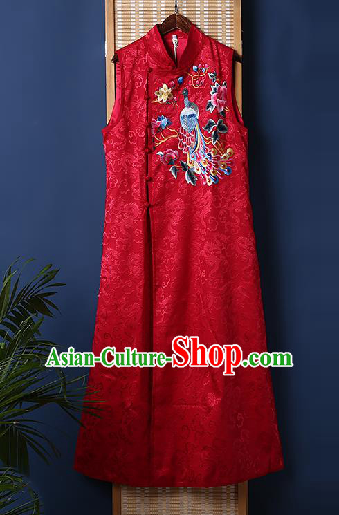 Chinese National Embroidered Phoenix Peony Long Dress Traditional Costume Tang Suit Red Brocade Cheongsam