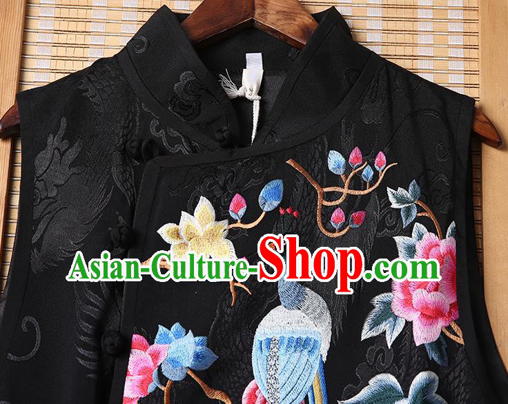 Chinese Tang Suit Black Brocade Cheongsam National Embroidered Phoenix Peony Long Dress Traditional Costume