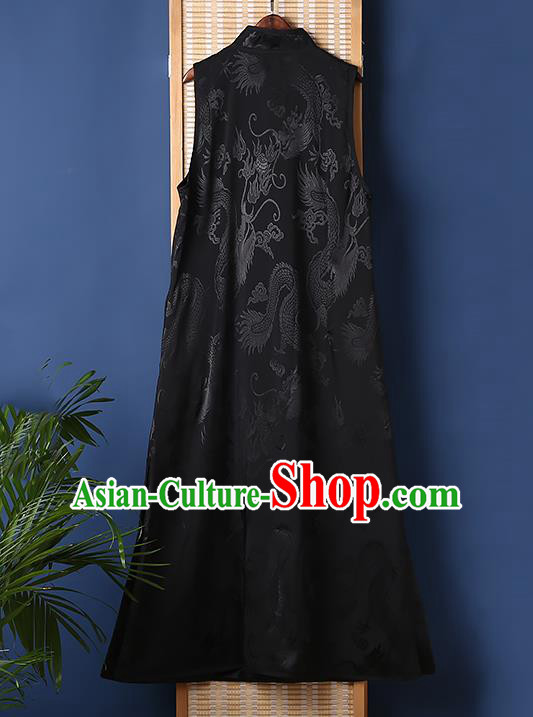 Chinese Tang Suit Black Brocade Cheongsam National Embroidered Phoenix Peony Long Dress Traditional Costume