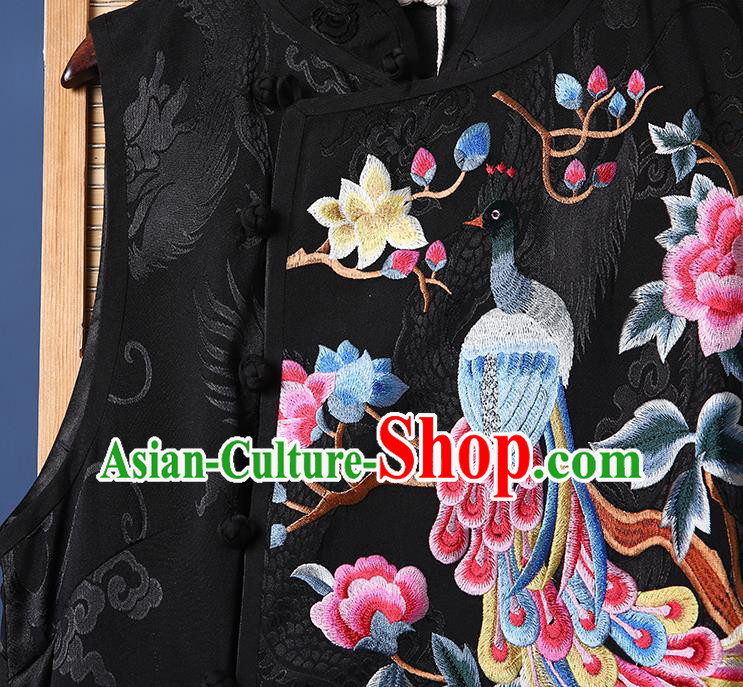 Chinese Tang Suit Black Brocade Cheongsam National Embroidered Phoenix Peony Long Dress Traditional Costume