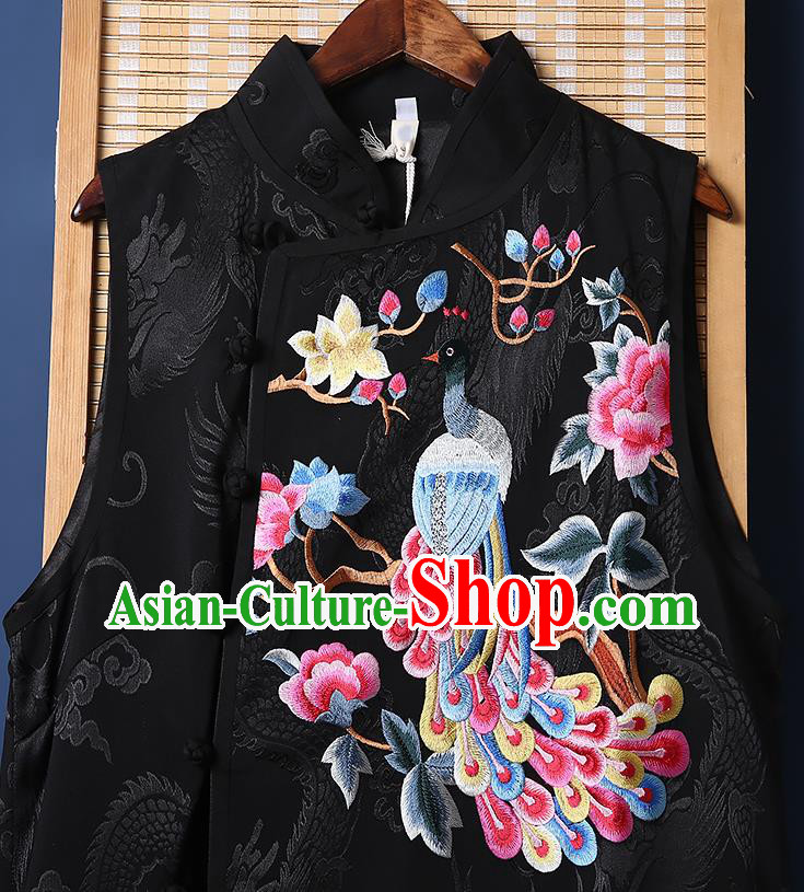 Chinese Tang Suit Black Brocade Cheongsam National Embroidered Phoenix Peony Long Dress Traditional Costume