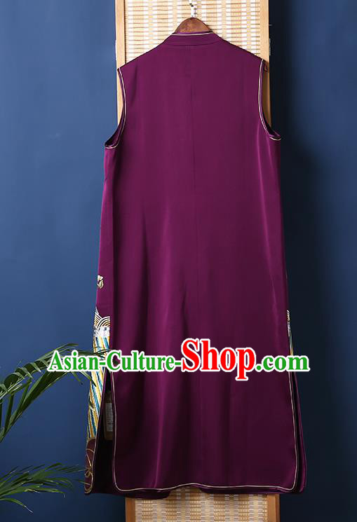 Chinese Embroidered Phoenix Peony Purple Brocade Long Vest National Tang Suit Cheongsam Upper Outer Garment