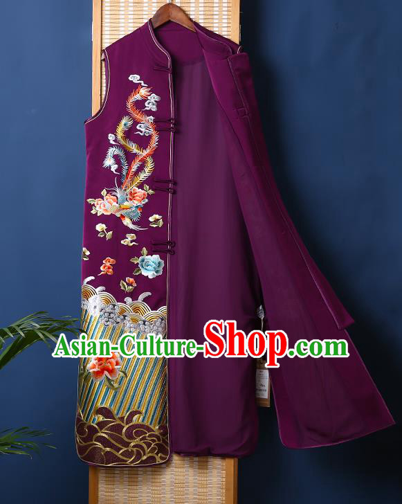 Chinese Embroidered Phoenix Peony Purple Brocade Long Vest National Tang Suit Cheongsam Upper Outer Garment