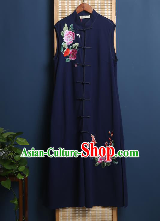 China Embroidered Navy Vest Qipao Clothing Traditional Women Dress Classical Cheongsam