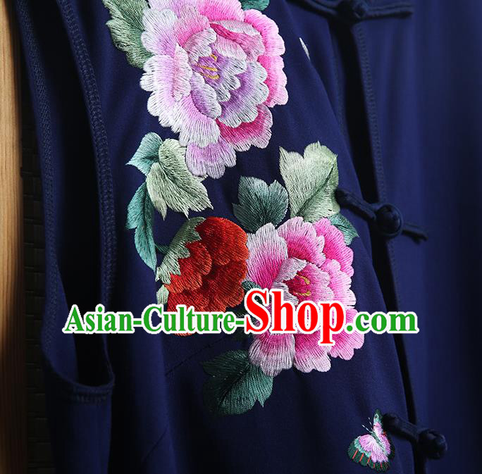 China Embroidered Navy Vest Qipao Clothing Traditional Women Dress Classical Cheongsam