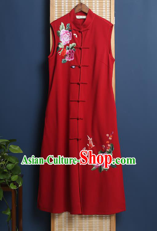 China Traditional Women Dress Classical Cheongsam Embroidered Red Vest Qipao Clothing