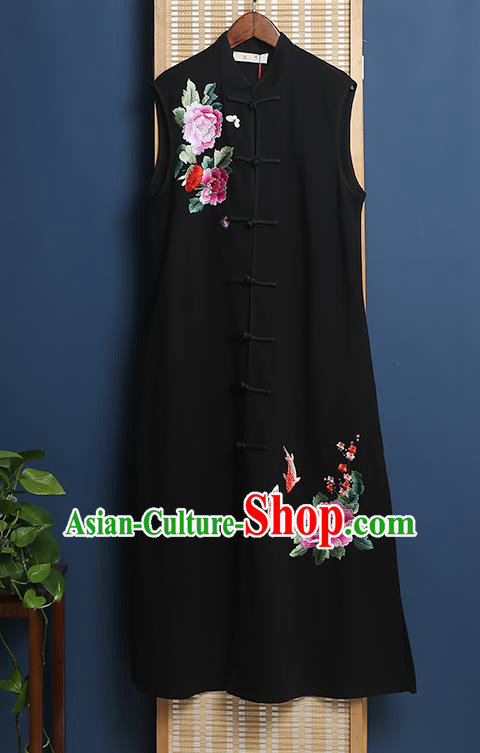 China Classical Cheongsam Traditional Women Dress Clothing Embroidered Black Vest Qipao