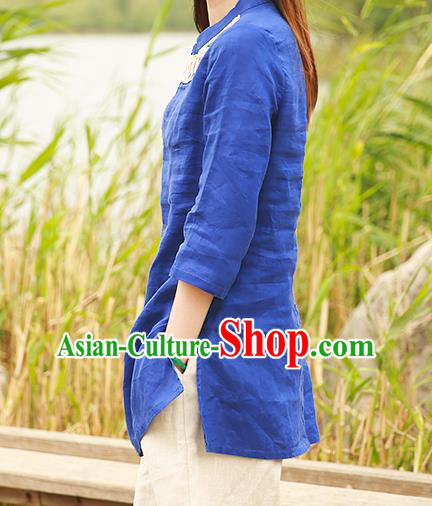 Chinese Tang Suit Blue Flax Blouse Costume Embroidered Shirt National Upper Outer Garment