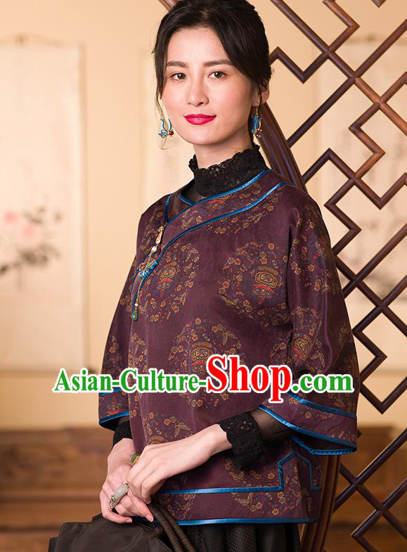 Chinese Tang Suit Upper Outer Garment Traditional Purple Silk Shirt Classical Blouse Costume