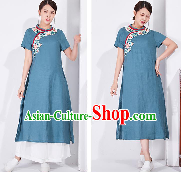 China Classical Blue Flax Cheongsam Traditional Women Dress Embroidered Qipao Clothing