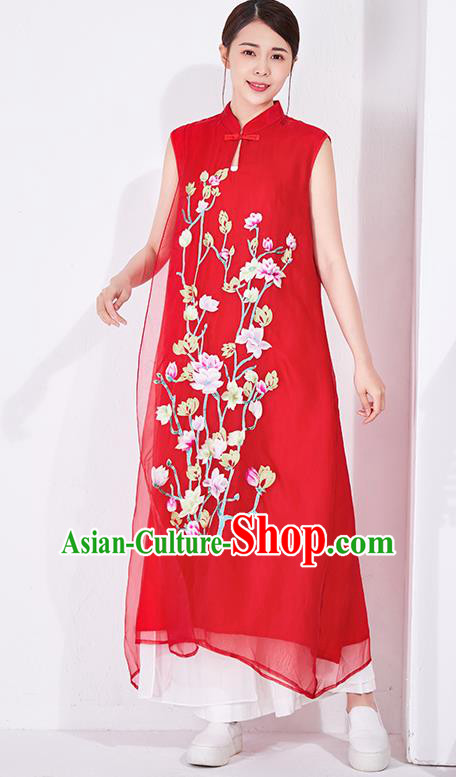 China Classical Embroidered Red Chiffon Cheongsam National Qipao Clothing Traditional Women Dress