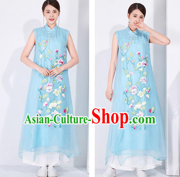 China Embroidered Blue Chiffon Cheongsam Traditional Women Classical Dress National Qipao Clothing