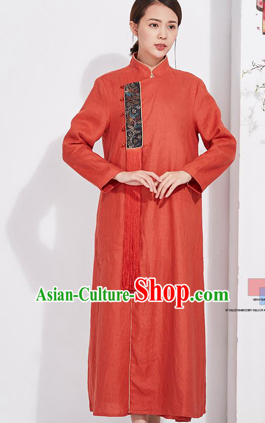 China Embroidered Rust Red Flax Cheongsam Traditional Women National Qipao Clothing Classical Dress