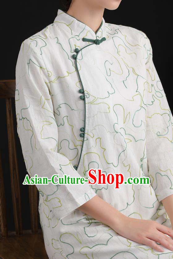 China Tang Suit National Qipao Traditional Women Classical Dress White Flax Cheongsam Tea Culture Clothing