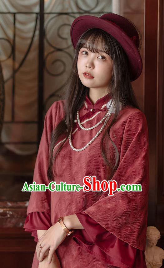 China Tang Suit Red Corduroy Qipao Clothing Traditional Women Classical Dress National Wide Sleeve Cheongsam