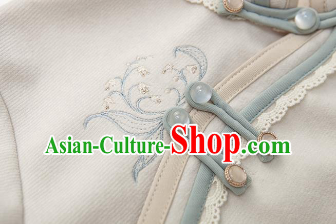 China Traditional Tang Suit Suede Fabric Qipao Clothing Women Classical Dress National Beige Cheongsam