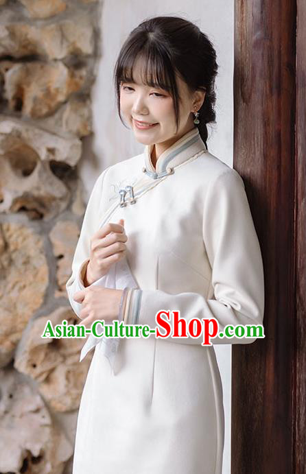 China Traditional Tang Suit Suede Fabric Qipao Clothing Women Classical Dress National Beige Cheongsam