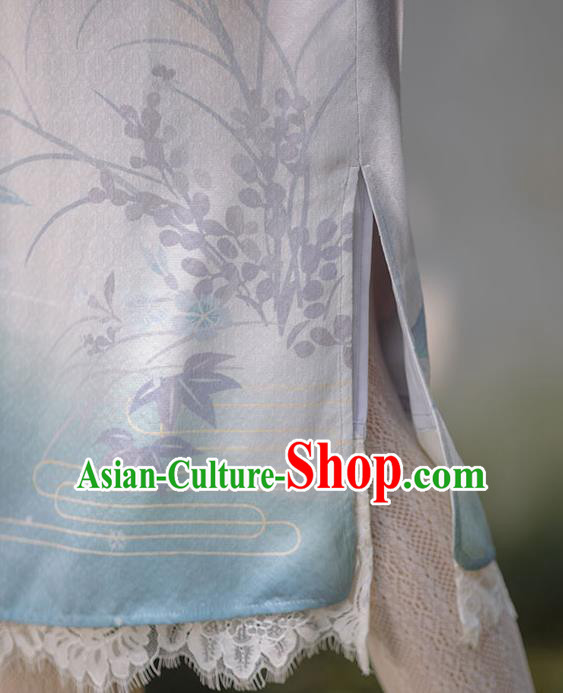 China Traditional Women Classical Dress Tang Suit Clothing National Cheongsam Printing Orchids Lilac Qipao