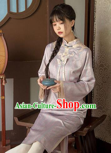China Lilac Qipao Women Classical Dress Traditional Tang Suit National Wide Sleeve Cheongsam Clothing