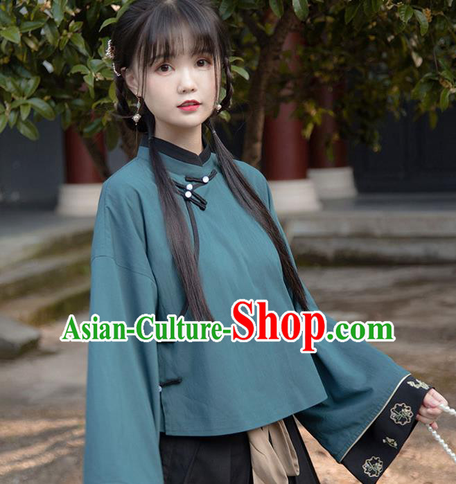 China Tang Suit Green Flax Blouse Women Classical Shirt Traditional National Cheongsam Upper Outer Garment