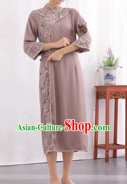 China National Embroidered Cheongsam Traditional Women Classical Dress Tea Culture Clothing Tang Suit Deep Pink Qipao