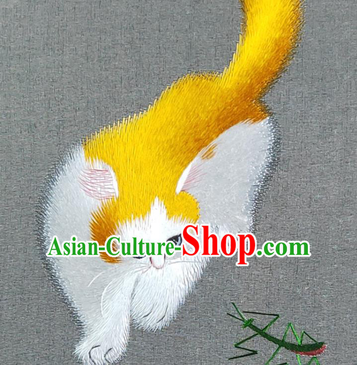 Chinese Handmade Table Decoration Traditional Embroidered Craft Suzhou Embroidery Yellow Cat Rotating Screen