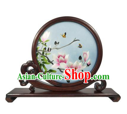 Chinese Rosewood Decoration Craft Suzhou Embroidery Mangnolia Painting Table Screen